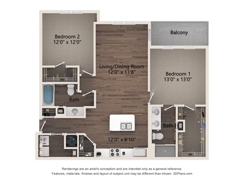Floor plan for 2 beds, 2 baths, 1163 sqft